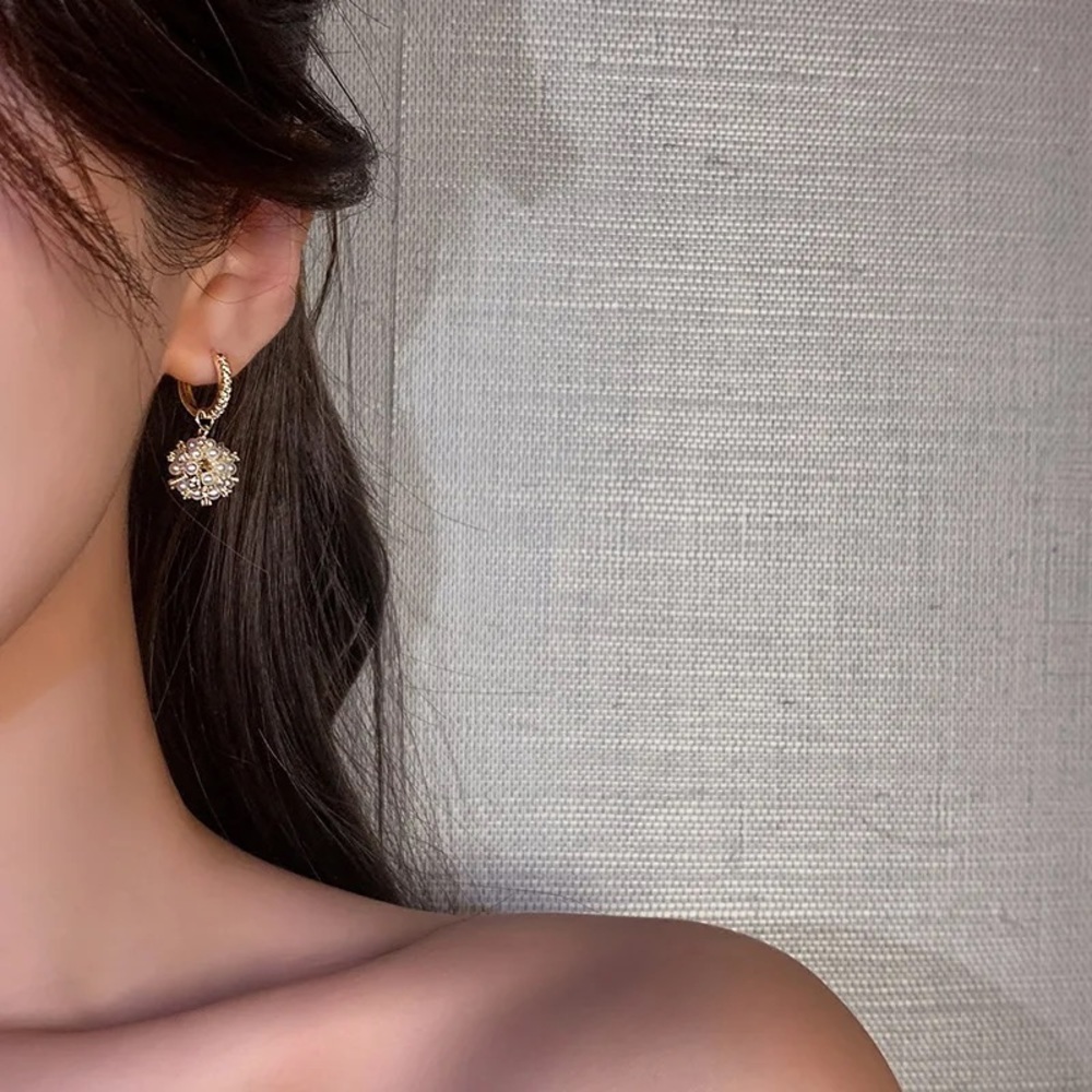 Mini Diamond Hoop Pearl Ball Cluster Minimalist Simple Luxury Gift Gold Earring - Picture 4 of 5